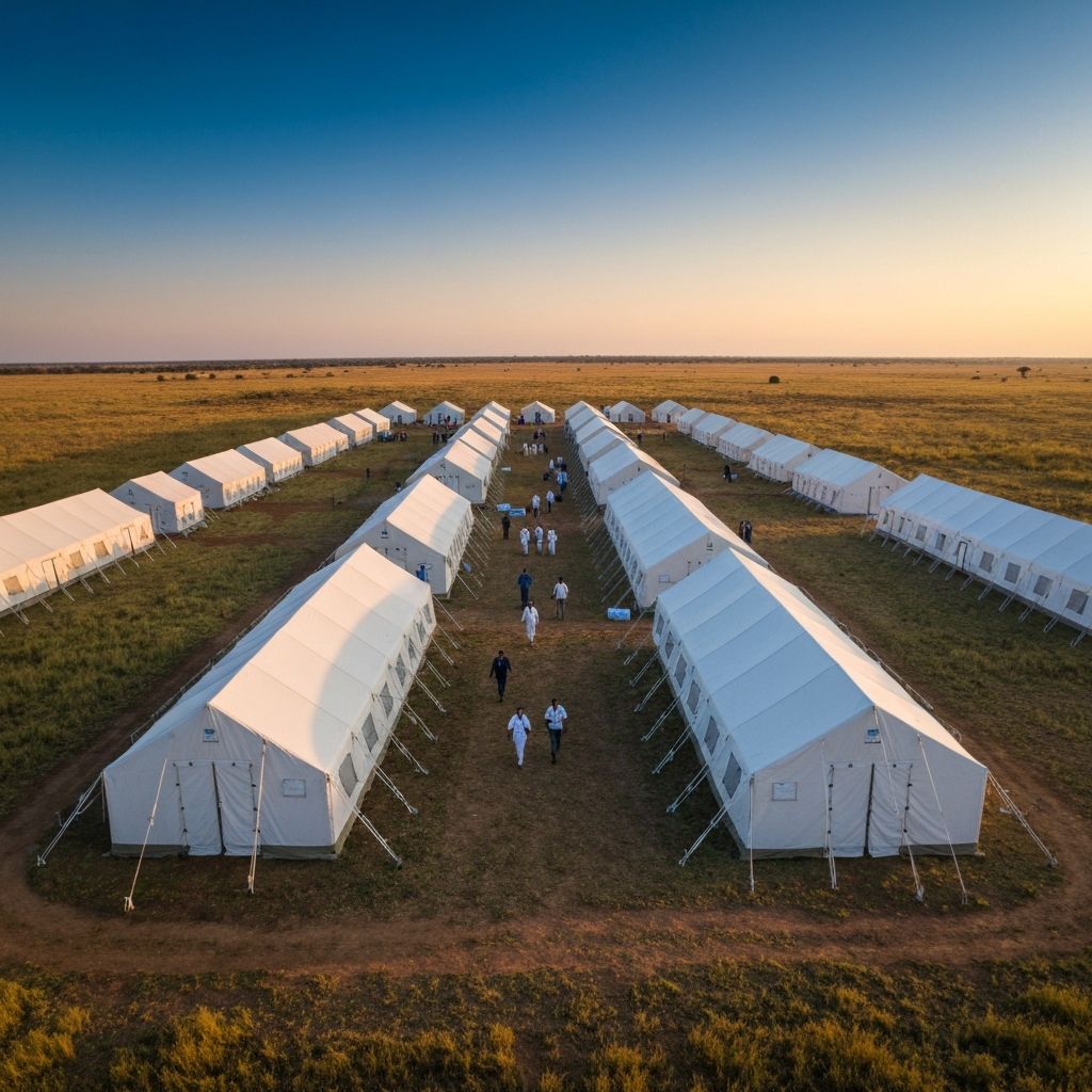 Aerial view of UNPS medical aid camp at dawn